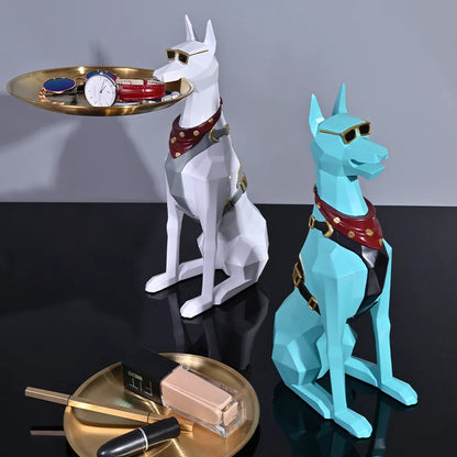 Dobermann-Pinscher-Hundeskulptur aus Kunstharz, Butler mit Metalltablett, Kunsthandwerk, Ornament, Dekor, Kunst, Tierfiguren, dekorative Heimdekoration