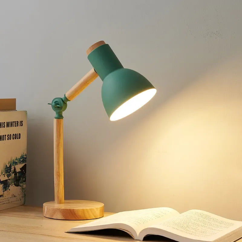 Creative Nordic Table Lamp Wooden Art LED Turn Head Simple Bedside Desk Light/Eye Protection Reading&Bedroom Study Lamp