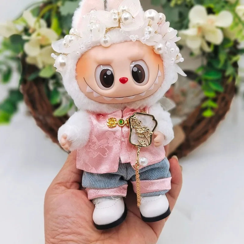 Labubu Silk Spotted Pajamas - Luxe Sleepwear Outfit for 17cm Labubu Doll with Soft Polka Dot Design toys cute blind box