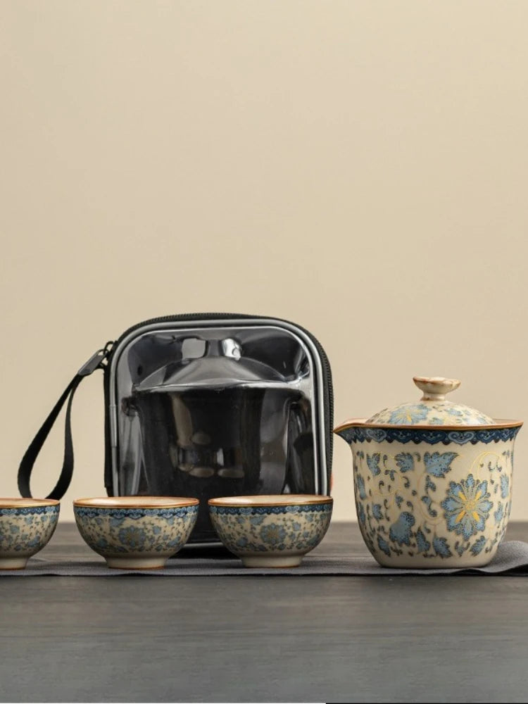 Tea Set Outdoor Travel Portable Tea Set ‌Zen Gradient Lotus Teapot & 2 Cups Ceramic Tea Kit for Camping & Meditation Gift Set