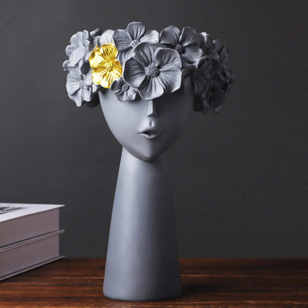 Nordic Girl Head Flower Resin Vase Statue Flower Floral Vases for Office Desktop Dry Flowers Ornaments Decor Container