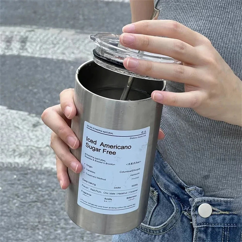 Coffee Cup Thermos 304 Stainless Steel Double -layer Cooler Straw Cup Portable Reusable Ins Ice American Coffee Mug Water Bottle