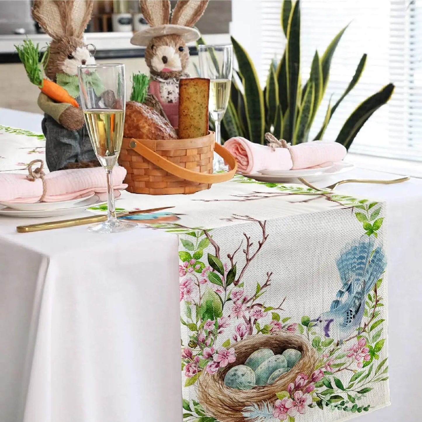 Spring Floral Bird Easter Linen Table Runner Holiday Party Decor Spring Green Leaf Table Runner for Reusable Dining Table Decor
