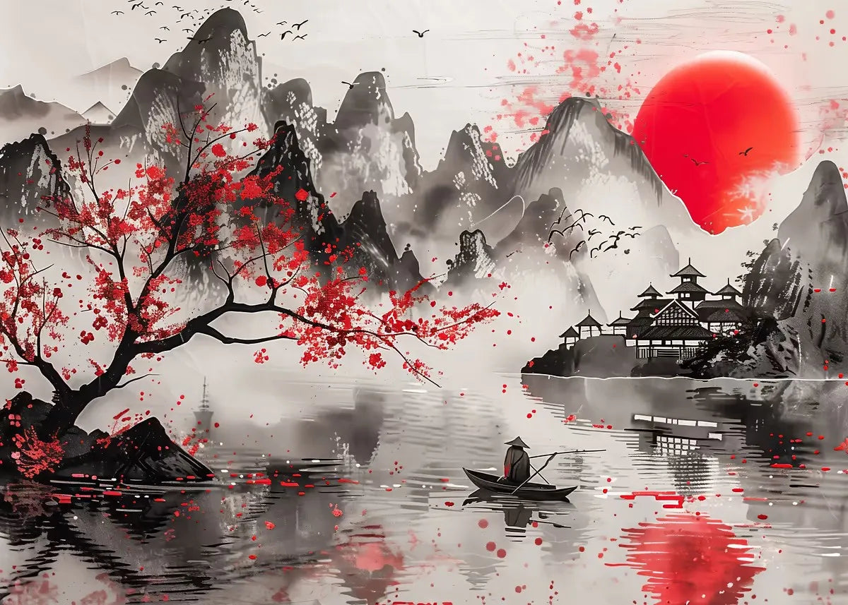 Japanese Landscape Ink Painting Poster Mountain Cherry Blossom Flowers Samurai Dragon Koi Canvas Picture Wall Art Home Decor
