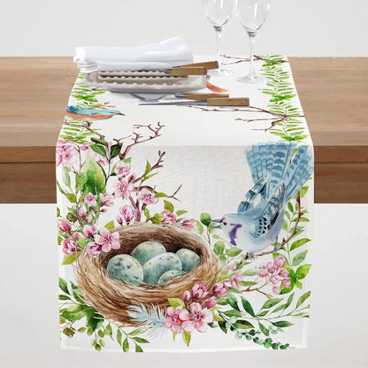 Spring Floral Bird Easter Linen Table Runner Holiday Party Decor Spring Green Leaf Table Runner for Reusable Dining Table Decor