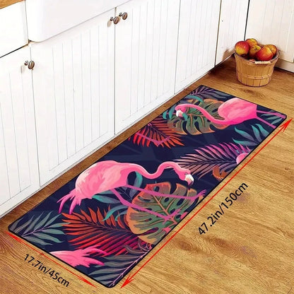 1pc Flamingo Laundry area carpet, machine washable flannel floor mat, comfortable hallway standing mat