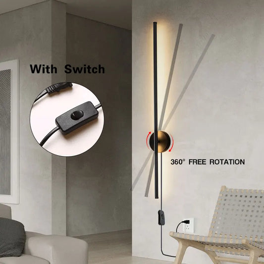 Black Interior LED Wall Lights Fixtures with Switch Nordic Bedroom 360° Rotation LED Wall Lamps Wall Sconce Luminaire for Home