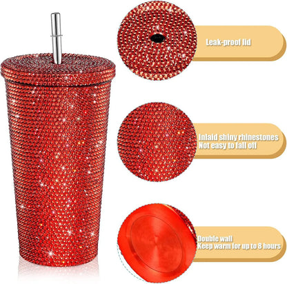 2023 Rhinestone Stainless Steel Double Layer Thermos Cups Women Glitter Cup Water Bottle Gift 500ml Reusable Straw Cup With Lid