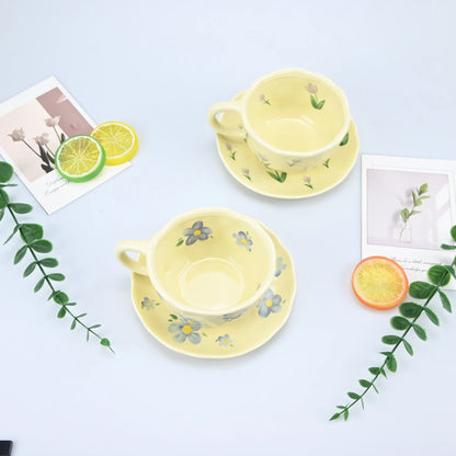 2PCS/Set High-end Coffee Cups And Saucers, High-value Ceramic Mugs, Business-style Latte Art Coffee Cups, Hand-pinched Cups