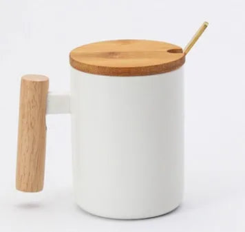 Tasse à manche en bois de Style Simple, tasse créative en céramique avec couvercle et cuillère, récipient à café et lait, ustensiles de cuisine pour boire