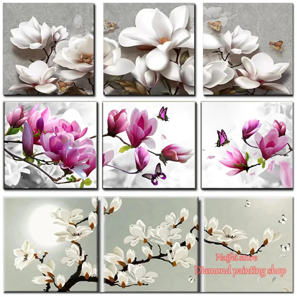 Diamond Painting Triptych Magnolia Flowers Diamond Embroidery Newly Arrived Cross Stitch Kits DIY Mosaic Picture Home Decor