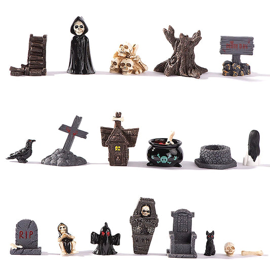 Halloween Resin Ghost Skull Tombstone Miniature Figurines Dollhouse Accessories Halloween Home Table Flower Pot Decor