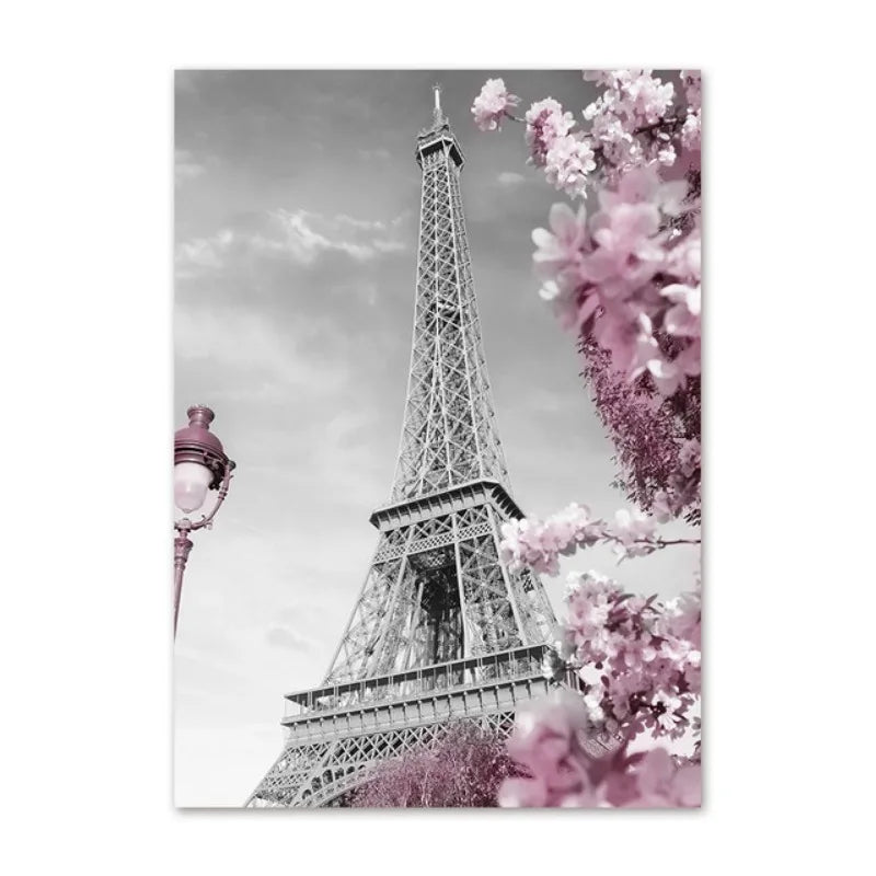 Paris Flower France City Building Posters and Prints Castle Pink and Black Wall Art Nordic Canvas Painting Pictures Room Decor
