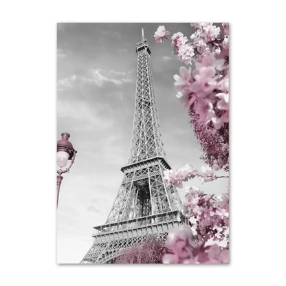 Paris Flower France City Building Posters and Prints Castle Pink and Black Wall Art Nordic Canvas Painting Pictures Room Decor
