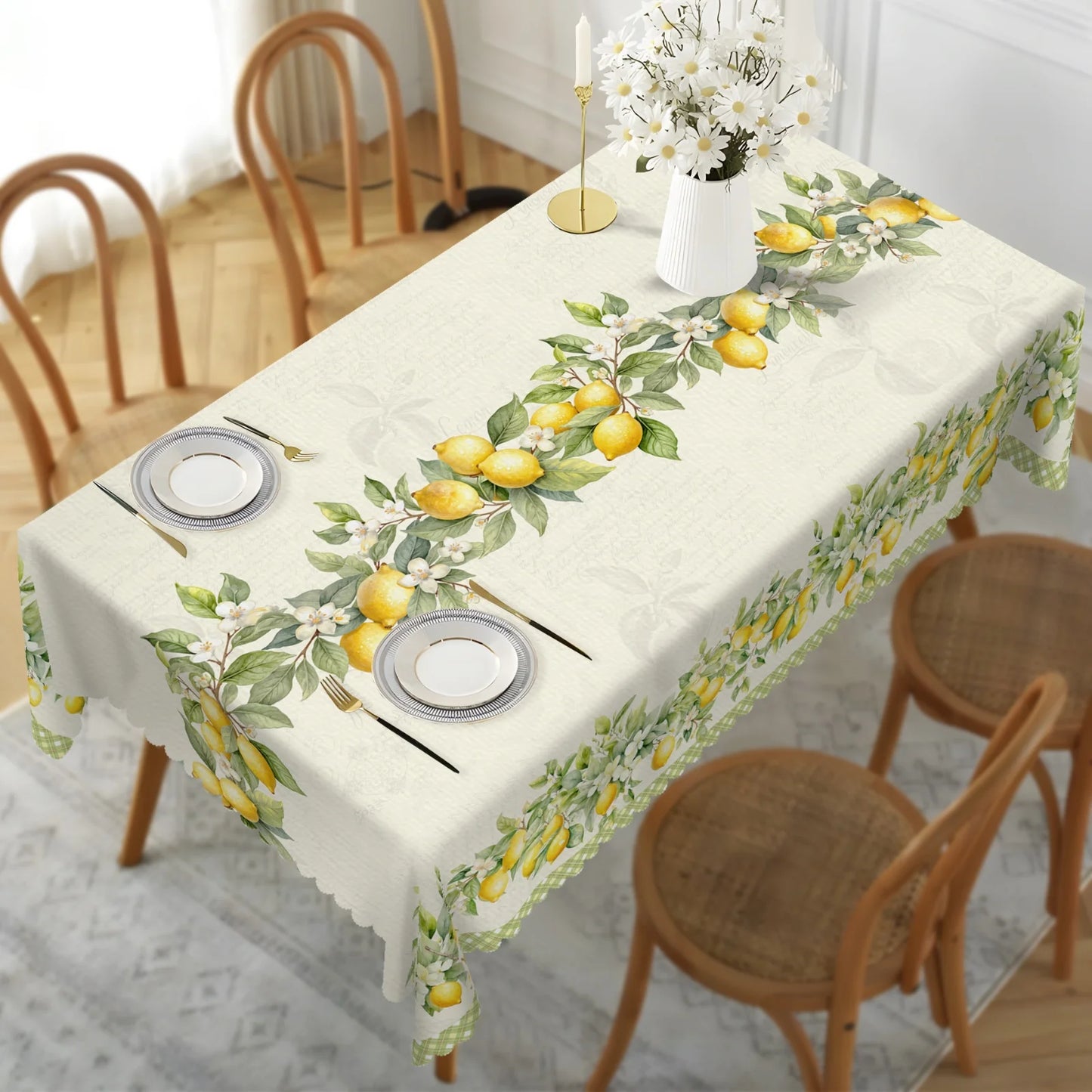 Summer Lemon Floral Buffalo Plaid Tablecloth Holiday Party Decor Retro Flowers Green Leaves Rectangle Table Cloths Home Decor