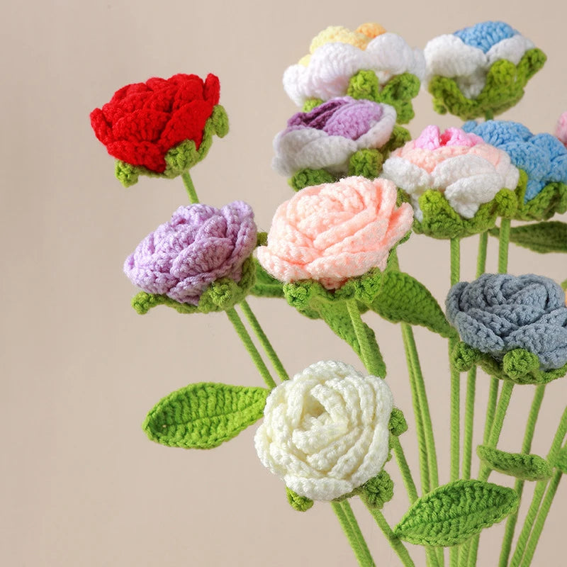 Finished Handmade Knitted Rose Artificial Flowers Braided Fake Flower Crochet Bouquet Decoration Table Holiday Gifts Ornament