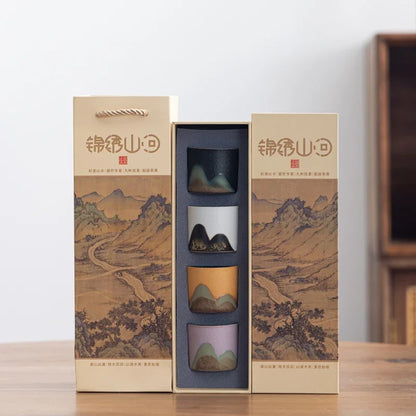 Hand-PaintedCeramicTeaCupSet (4-Pc) - MountainLandscape GiftBox for Corporate Gifts Festival Souvenirs & Chinese Art Collection