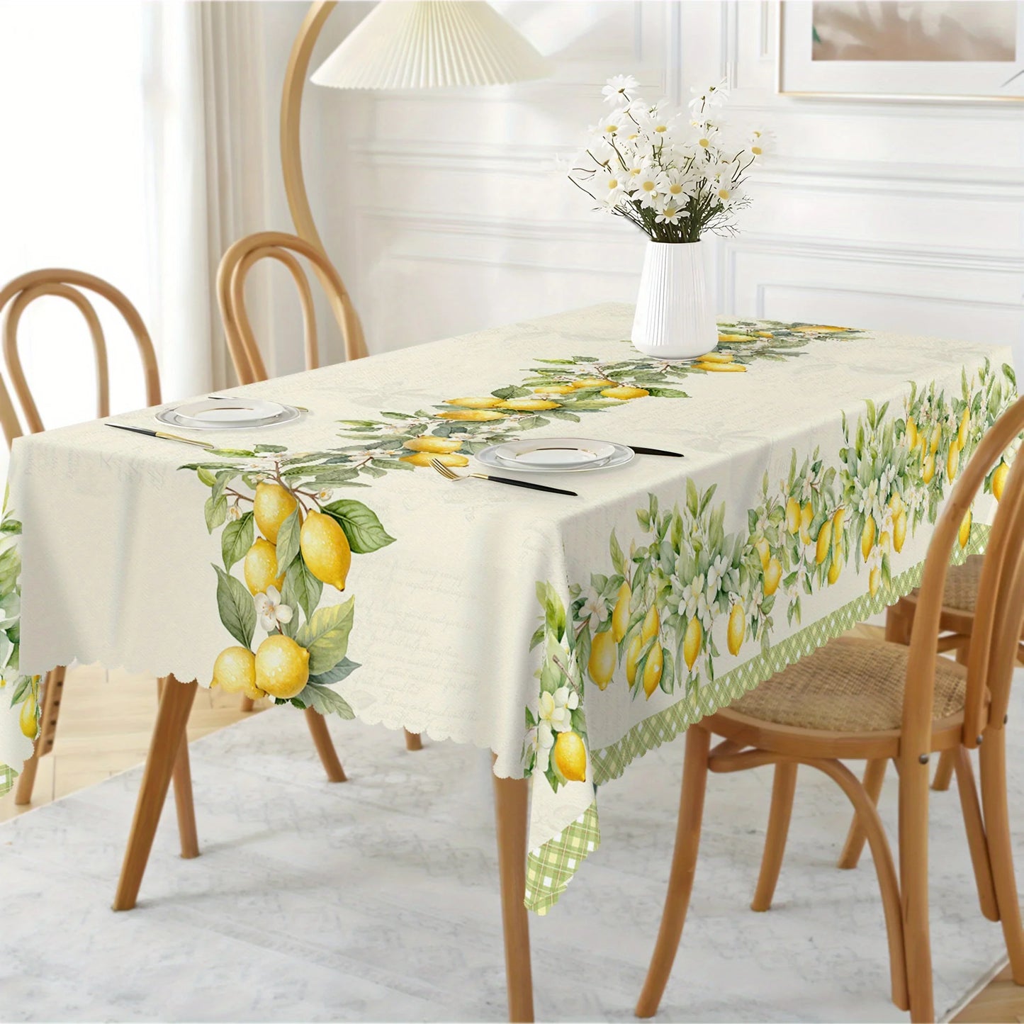 Summer Lemon Floral Buffalo Plaid Tablecloth Holiday Party Decor Retro Flowers Green Leaves Rectangle Table Cloths Home Decor
