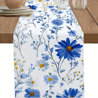 Blue White Daisy Wildflowers Linen Table Runner Wedding Decor Farmhouse Holiday Kitchen Dining Table Runners Picnic Party Decor