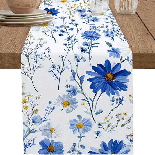 Blue White Daisy Wildflowers Linen Table Runner Wedding Decor Farmhouse Holiday Kitchen Dining Table Runners Picnic Party Decor