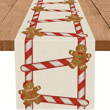 Christmas Gingerbread Man Candy Cane Linen Table Runner  Table Decor Winter Xmas Table Runners Dresser Scarf Navidad Decorations