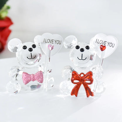 Cute Bear Crystal Figurine With Heart Bow Shaped Ornaments Cartton Animal Miniature Romantic Gifts Valentine's Day Wedding Decor