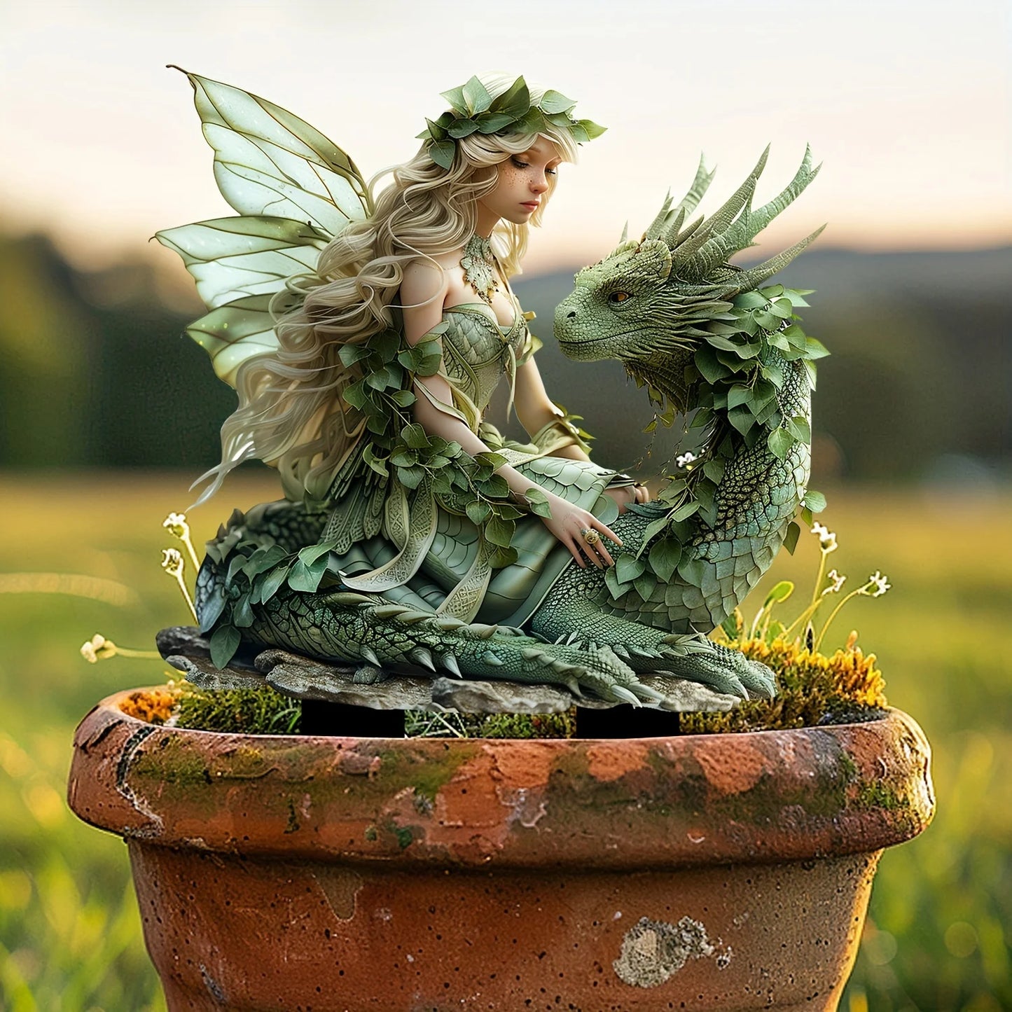 Charming Green Fairy with Dragon Garden Pile - Acrylic Outdoor Art, Bohemian Style Patio Decor, Flower Pot Landscape Accessories