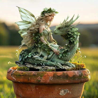 Charming Green Fairy with Dragon Garden Pile - Acrylic Outdoor Art, Bohemian Style Patio Decor, Flower Pot Landscape Accessories