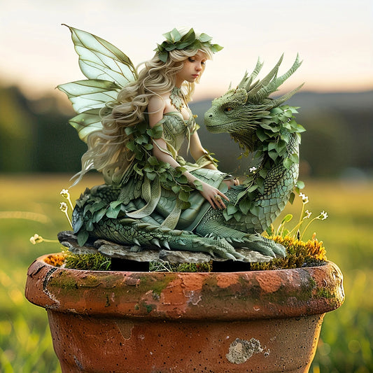 Charming Green Fairy with Dragon Garden Pile - Acrylic Outdoor Art, Bohemian Style Patio Decor, Flower Pot Landscape Accessories