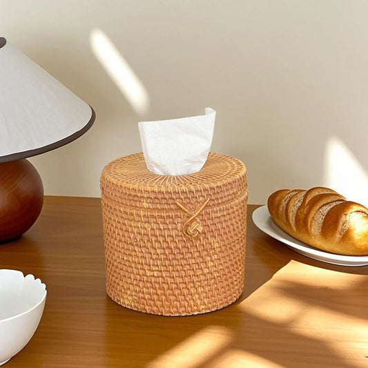 Miniso Retro Creative Simulation Rattan Tissue Box Living Room Coffee Table Desktop Tissue Storage Box Home Decoration