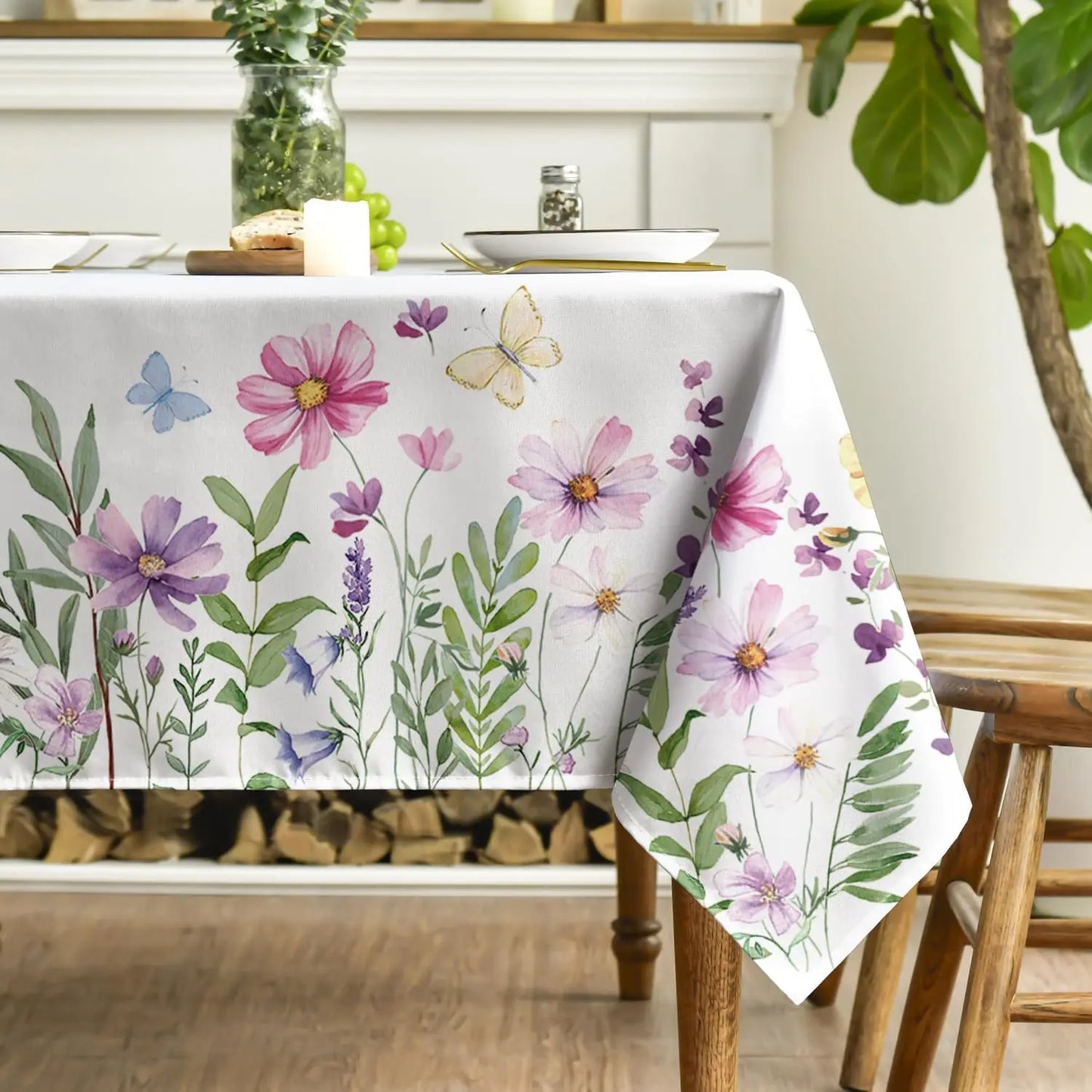 Spring Wildflowers Florals Butterfly Waterproof Tablecloth Wedding Party Dcor Washable Rectangle Table Cover Picnic Table Decor