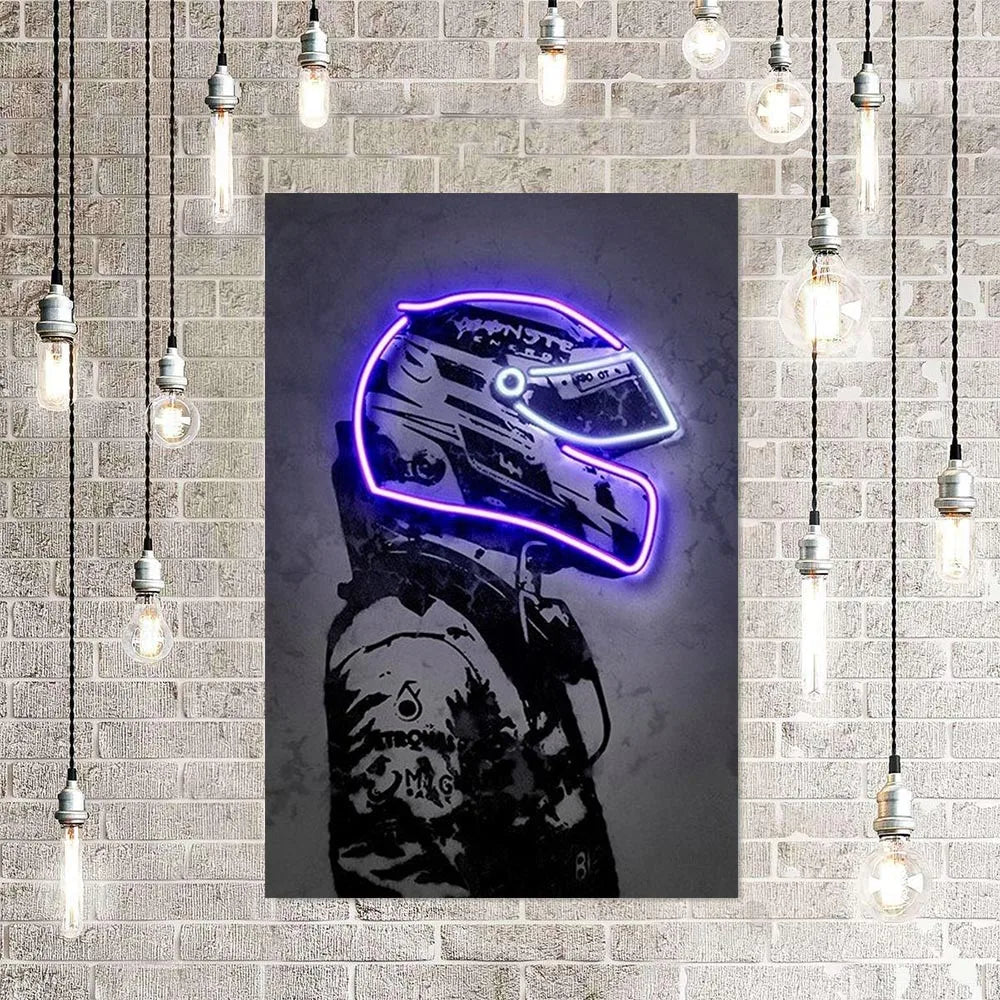 Racing Racer Poster Abstract Neon Helmet Print Canvas Painting Racing Car Wall Art Picture Home Decor Living Room Mural Unframed
