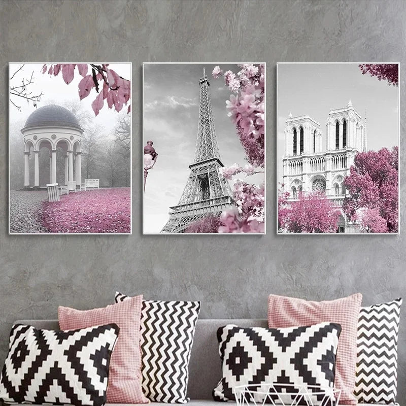 Paris Flower France City Building Posters and Prints Castle Pink and Black Wall Art Nordic Canvas Painting Pictures Room Decor