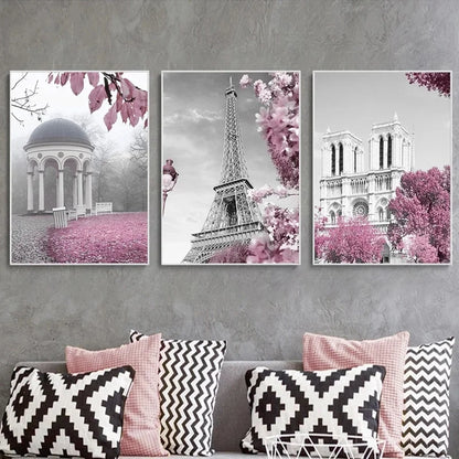 Paris Flower France City Building Posters and Prints Castle Pink and Black Wall Art Nordic Canvas Painting Pictures Room Decor