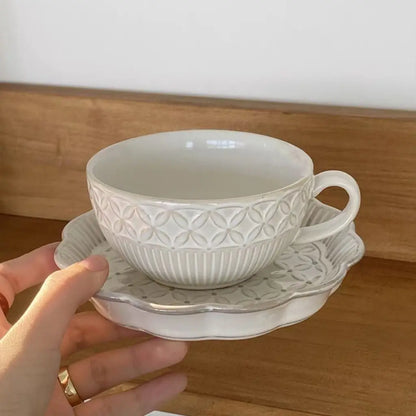 Embossed coffee cup and saucer, retro ceramic cup, dessert saucer, afternoon tea cup, latte cup, breakfast cup, dessert saucer