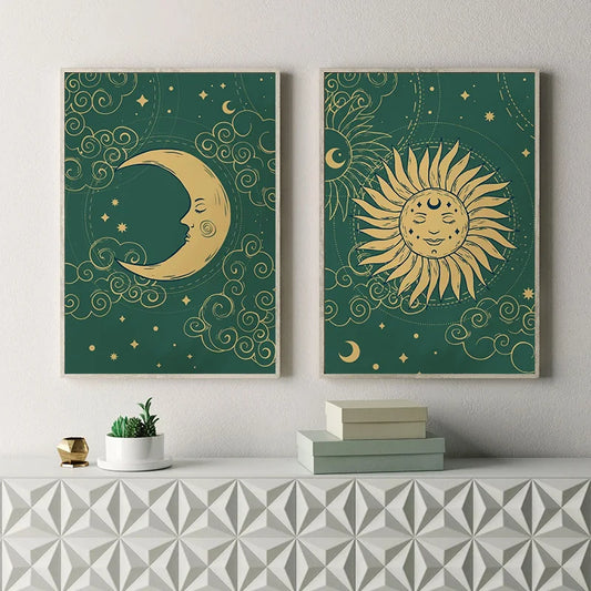 Boho Celestial Green Gold Sun Moon and Stars Poster Print Canvas Painting Wall Art Pictures for Bedroom Living Room Decor Gifts