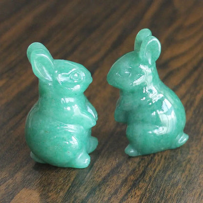 Hand carved gemstone crystal green aventurine rabbit bunny figurine animal carving statue office home decor 2''