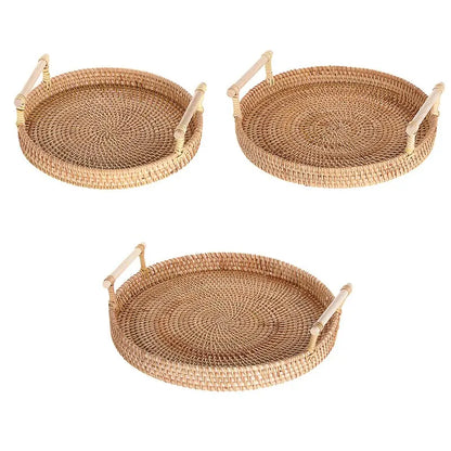 Rattan Bread Storage Basket Woven Storage Basket Fruit Cake Snacks Round Tray Picnic Basket Hand Woven Rattan Storage Tray Hot