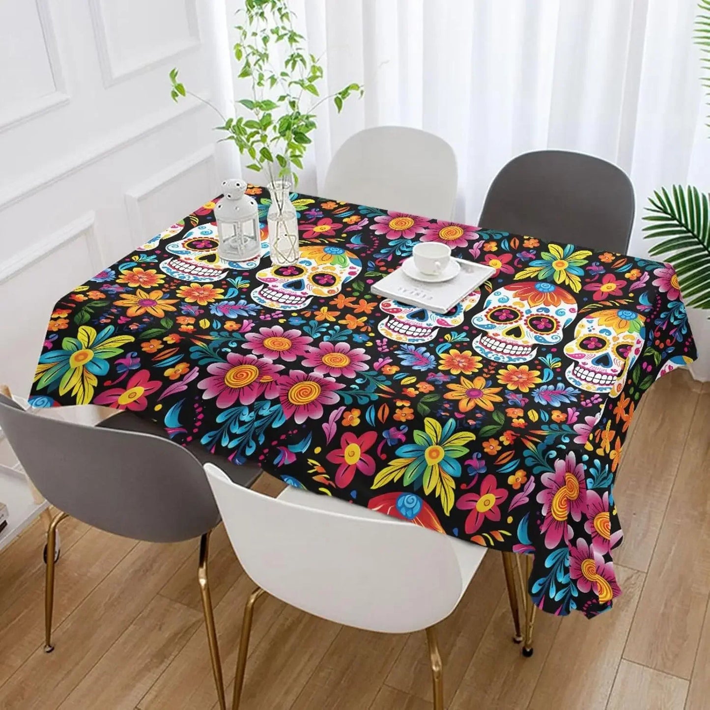 Day of The Dead Sugar Skull Rectangle Tablecloth Holiday Party Decor Waterproof Tablecloth for Table Halloween Decorations