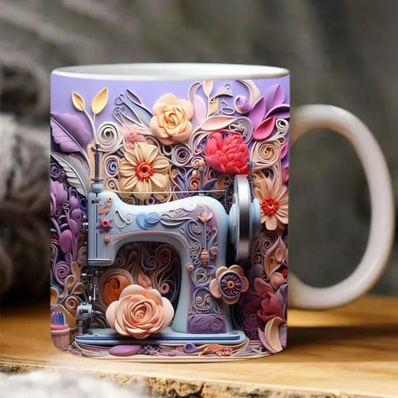 3D Sewing Mugs Creative Space Design Multi-Purpose Mugs 3D Floral Sewing Machine Coffee Mugs Ceramic Teacups Coffee Mugs