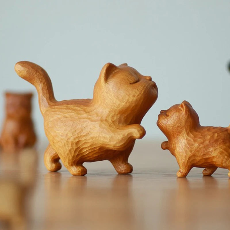 1Pcs Mini Wooden Cat Cute Solid Wood Hand Carved Kitten Figurines Miniature Cat Animal Statue Crafts Ornaments Table Deocr Gifts