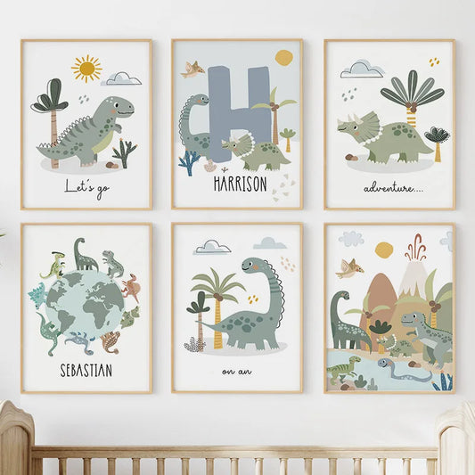 Jurassic Period Dinosaur Earth Custom Baby Name Wall Art Canvas Painting Nordic Posters And Prints Wall Pictures Kids Room Decor
