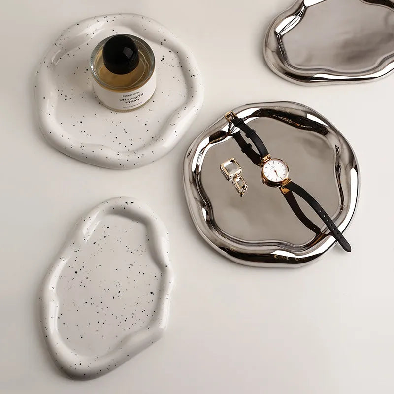 Nordic Silver Plated Ceramic Dish Irregular Desktop Storage Tray Decorative Kitchen Living Room Jewelry Organizer