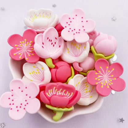 Resin Kawaii Colorful Painted Cherry Blossoms Flatback Stone Scrapbook Figurine 10PCS DIY Decor Home Accessories Crafts OM131
