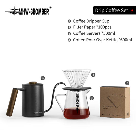 MHW-3BOMBER Filterkaffee-Set, 600 ml, Wasserkocher zum Übergießen, Schwanenhalsauslauf, Teekanne, Glasfilterbecher und Papier-Kaffeeserver, Zubehör