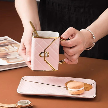Tasse en forme de sac tasse à café en céramique créative sac à main forme tasses soucoupe ensemble Dessert après-midi thé jus lait tasses Drinkware cadeau