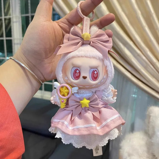 Clothes for Labubu 17cm Outfit Accessories for The Monsters Clothing Kid Gift Bow Pink Sakura Set Dress and Hairpin