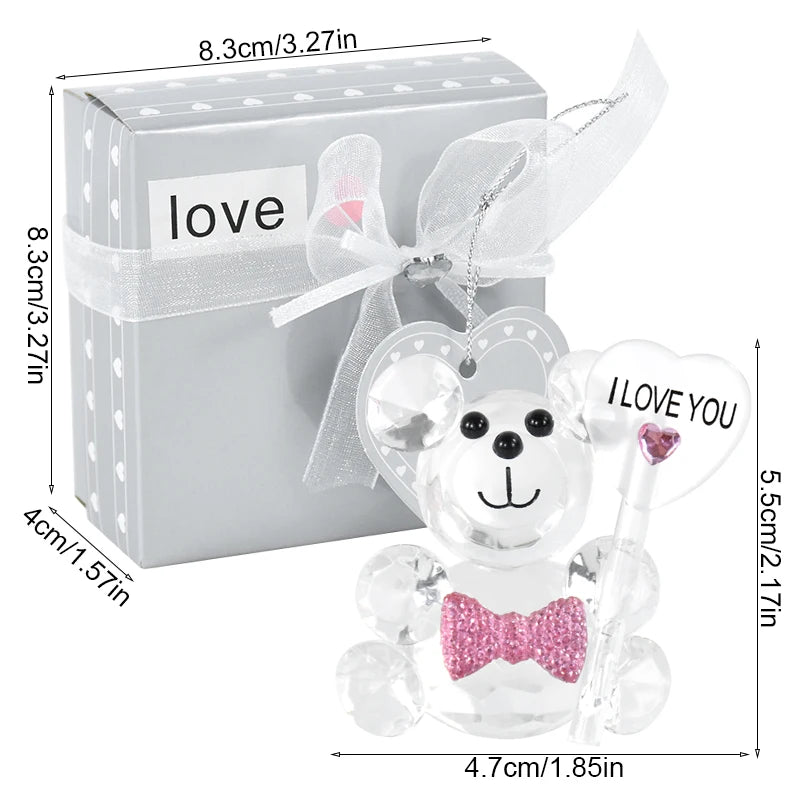 Cute Bear Crystal Figurine with Love Heart Bow Ornament Glass Animal Miniature Romantic Gifts Valentine's Day Wedding Home Decor