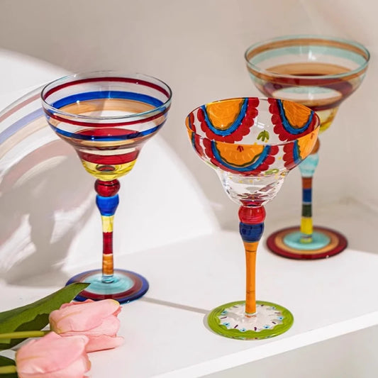 Handmade Colorful Margarita & Champagne Cocktail Glasses Set Creative Design for Home Bar Wedding Party Elegant Unique Drinkware