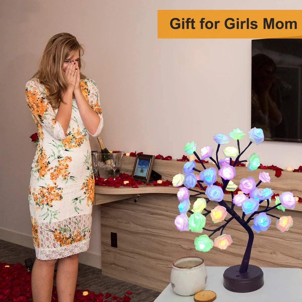 RGB Rose Flower Tree Lights 24LED USB Battery Table Lamp Fairy Night Light Home Party Christmas Wedding Bedroom Decoration Gift